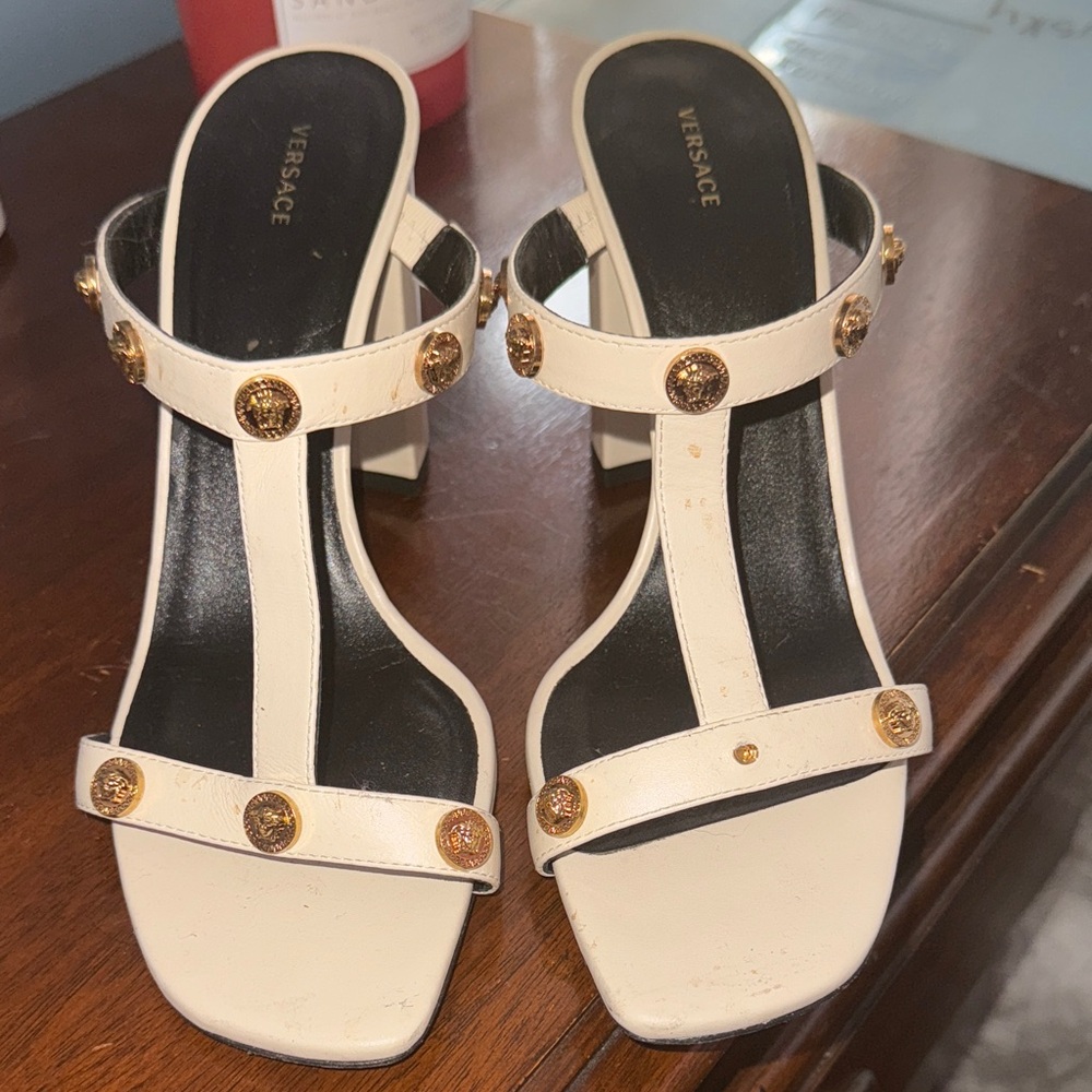 Versace Women's White Heels with Gold Accents